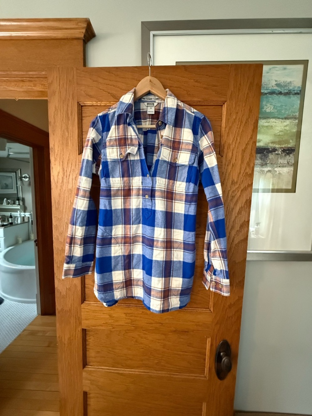 Duluth Trading Co Blue, White and Brown Women's Free Swingin' Flannel Tunic
